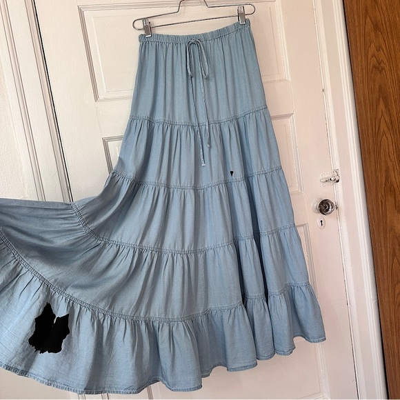 Sky to Moon Tiered Ruffle Maxi Skirt Chambray Graffiti Art Elastic Waist Boho - Picture 3 of 17